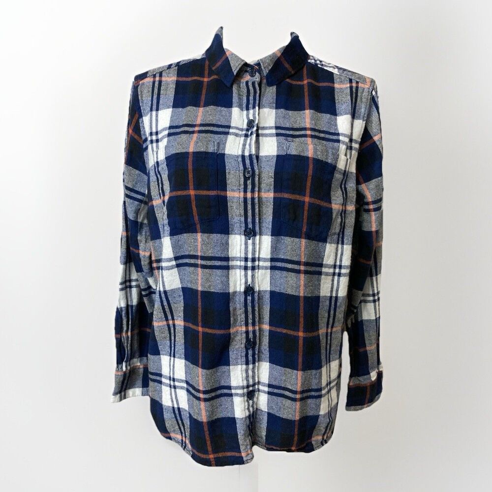 Woolrich Flannel Shirt Womens XL Blue Plaid Button Up Long Sleeve Outdoor Warm